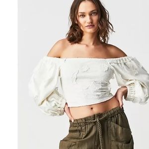 Free People Icing On Top Floral Lace Feminine Cropped Off-The-Shoulder, Size L